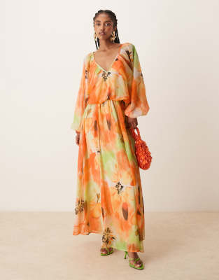 Robe longue à manches blouson longues et imprimé fleurs - Orange-Multicolore 32