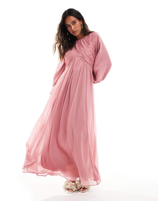 ASOS DESIGN Robe longue a manches bouffantes et corsage effet croise Vieux rose