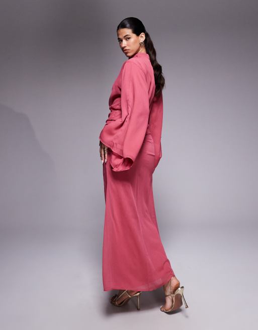 ASOS DESIGN - Robe longue à manches bouffantes et jupe froncée - Rose foncé, 2 de 4
