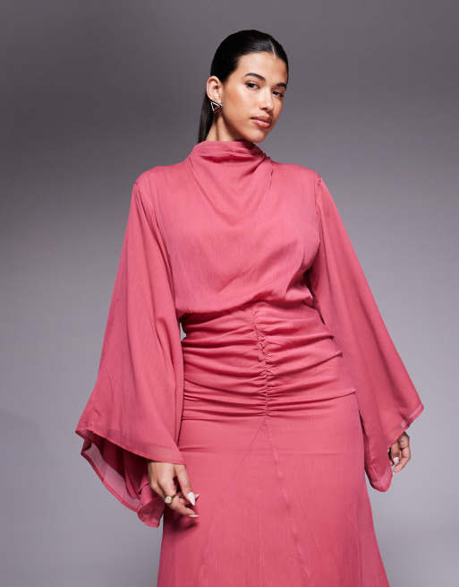 ASOS DESIGN - Robe longue à manches bouffantes et jupe froncée - Rose foncé, 3 de 4