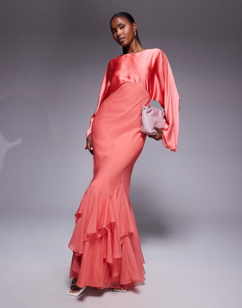 ASOS DESIGN - Robe longue à manches cape et godets - Corail - view 1