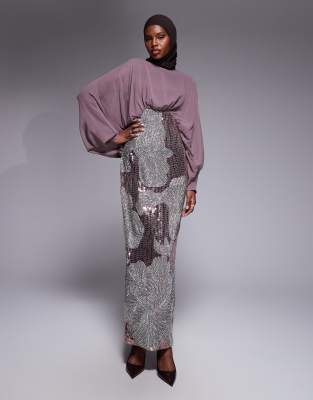 Robe longue à manches chauve-souris avec corsage bouffant et jupe ornée de fleurs - Mauve-Multicolore 32
