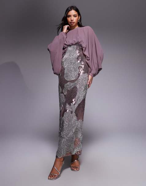 ASOS DESIGN - Robe longue à manches chauve-souris avec corsage bouffant et jupe ornée de fleurs - Mauve - view 1