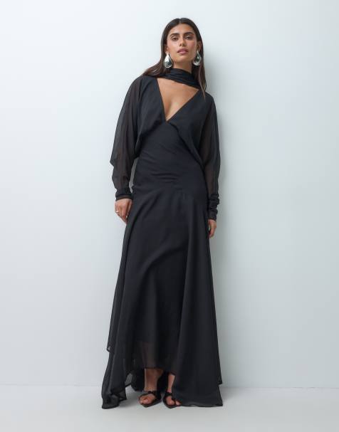 ASOS DESIGN robe longue à manches chauve-souris avec jupe asymétrique ample et foulard noir - view 1