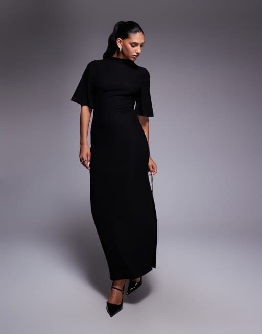 ASOS DESIGN - Robe longue à manches courtes et col montant - Noir, 2 de 4
