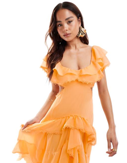 ASOS DESIGN - Robe longue à manches évasées et jupe à volants avec bords en dentelle - Orange doux, 3 de 4