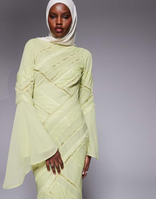 ASOS DESIGN - Robe longue à manches longues à empiècements en dentelle - Pistache, 3 de 4