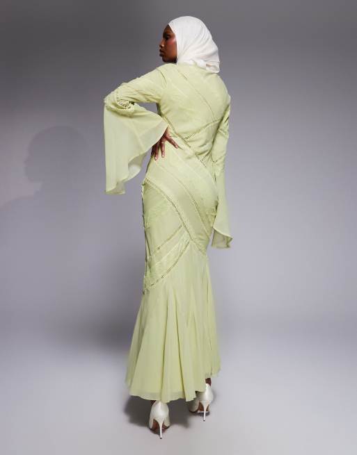 ASOS DESIGN - Robe longue à manches longues à empiècements en dentelle - Pistache, 4 de 4