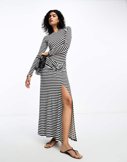 ASOS DESIGN - Robe longue à manches longues à rayures et détail torsadé - Noir et blanc, 2 de 4