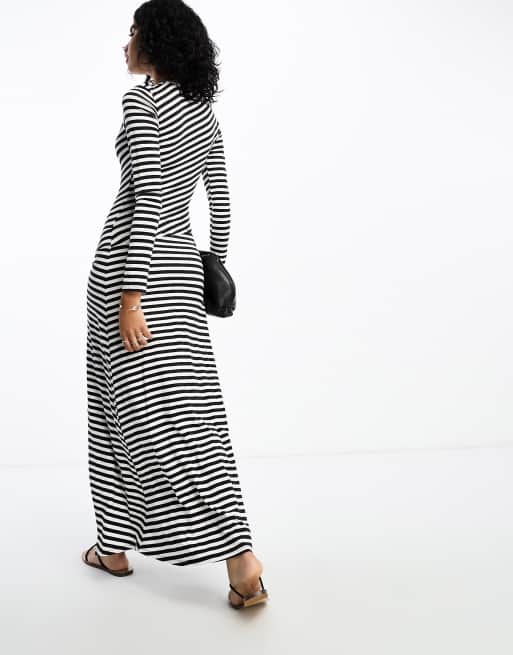 ASOS DESIGN - Robe longue à manches longues à rayures et détail torsadé - Noir et blanc, 4 de 4