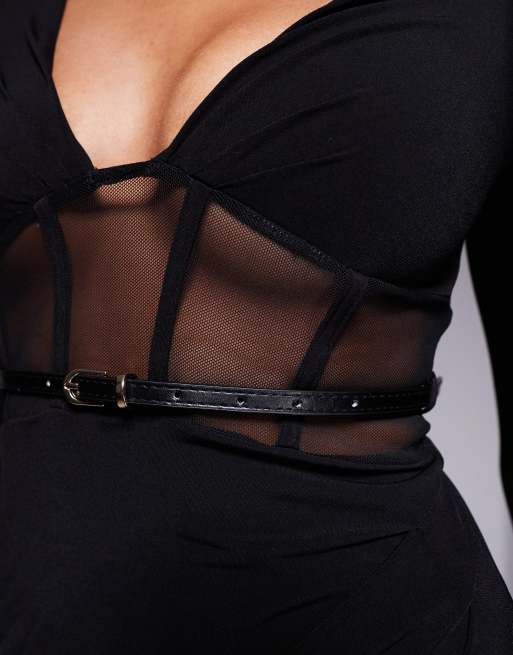 ASOS DESIGN - Robe longue à manches longues avec ceinture et empiècements en tulle - Noir, 2 de 4