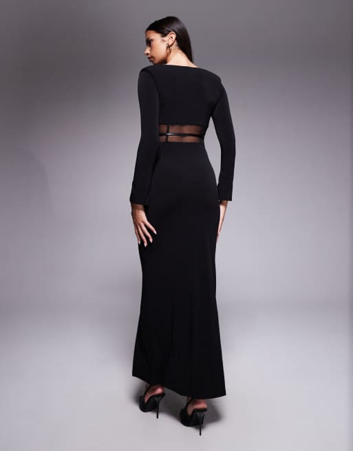 ASOS DESIGN - Robe longue à manches longues avec ceinture et empiècements en tulle - Noir, 4 de 4