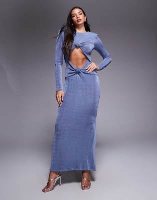 ASOS DESIGN - Robe longue à manches longues avec double découpe et naud - Bleu pétrole