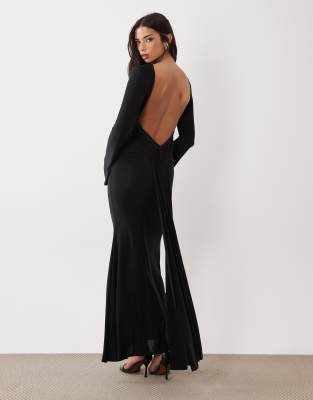 Robe longue à manches longues avec empiècements transparents et détails en dentelle - Noir S