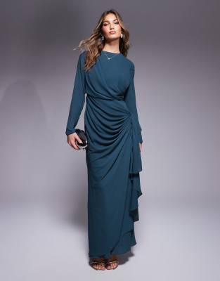 ASOS DESIGN - Robe longue à manches longues avec jupe drapée - Bleu sarcelle - view 1