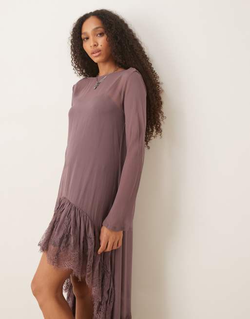 ASOS DESIGN - Robe longue à manches longues avec ourlet asymétrique en dentelle - Marron, 2 de 4