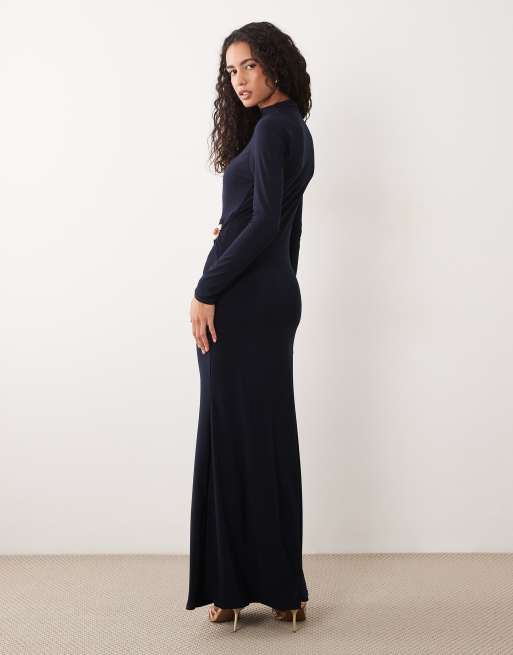 ASOS DESIGN robe longue à manches longues, col montant, à découpes, liseré doré, bleu marine, 2 de 4