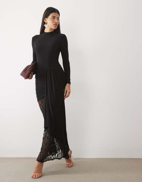 ASOS DESIGN robe longue à manches longues en mélange de dentelle noire - view 1