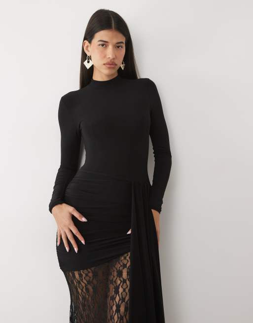 ASOS DESIGN robe longue à manches longues en mélange de dentelle noire, 3 de 4