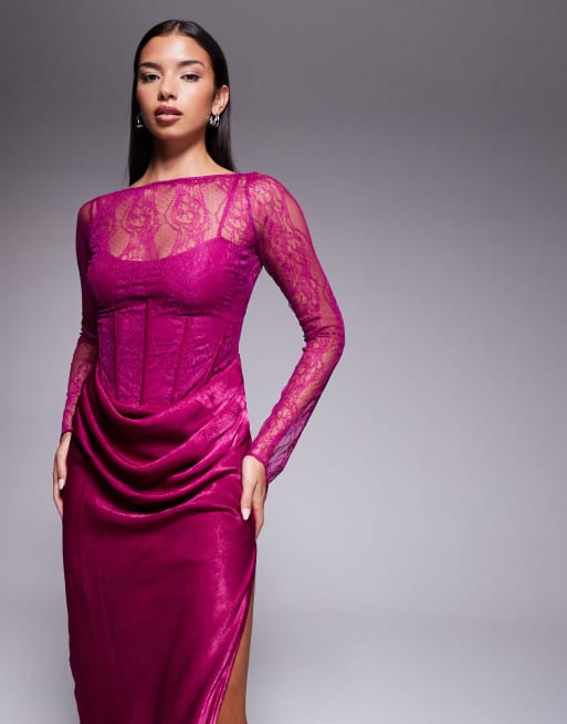 ASOS DESIGN - Robe longue à manches longues en satin avec col montant et jupe drapée superposée en velours - Prune, 3 de 4