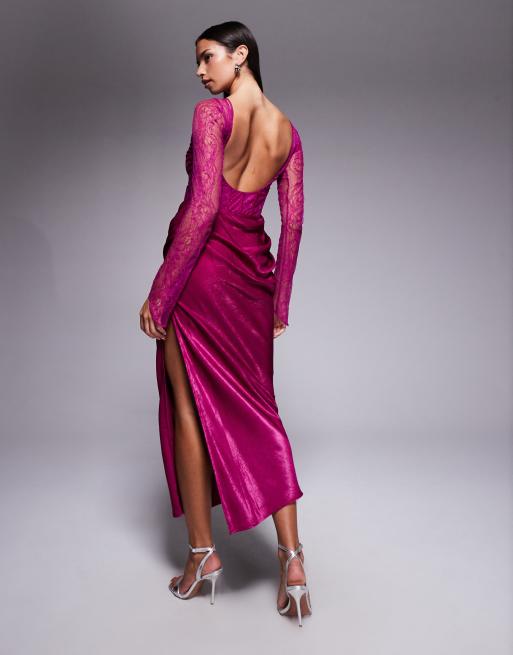 ASOS DESIGN - Robe longue à manches longues en satin avec col montant et jupe drapée superposée en velours - Prune, 4 de 4