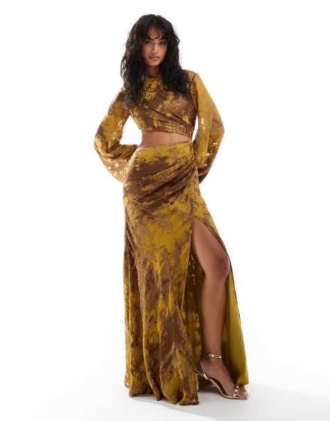 ASOS DESIGN - Robe longue à manches longues en tissu à motif abstrait effet dévoré coupé en biais - view 1