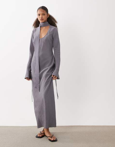 ASOS DESIGN robe longue à manches longues en tissu technique à encolure ronde avec écharpe, charbon - view 1