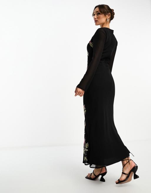ASOS DESIGN Robe longue a manches longues et broderies florales rouges