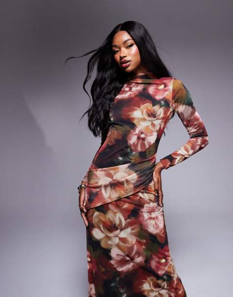 ASOS DESIGN - Robe longue à manches longues et col montant - Noir à imprimé fleuri - view 1