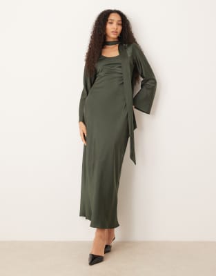 Robe longue à manches longues et col V avec foulard - Vert foncé-Pas de couleur 34