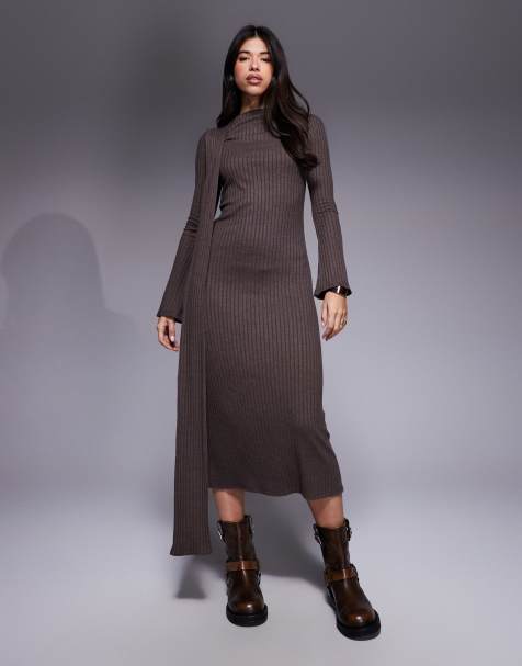 ASOS DESIGN - Robe longue à manches longues et écharpe - Chocolat - view 1