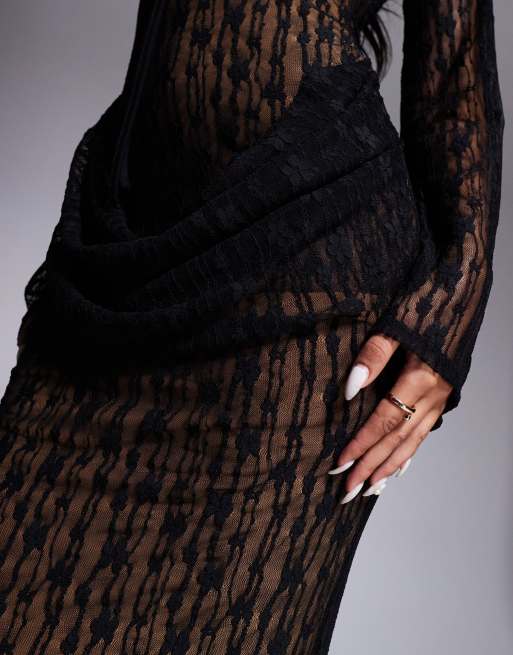ASOS DESIGN - Robe longue à manches longues et encolure bardot en dentelle avec bonnets préformés - Noir, 3 de 4