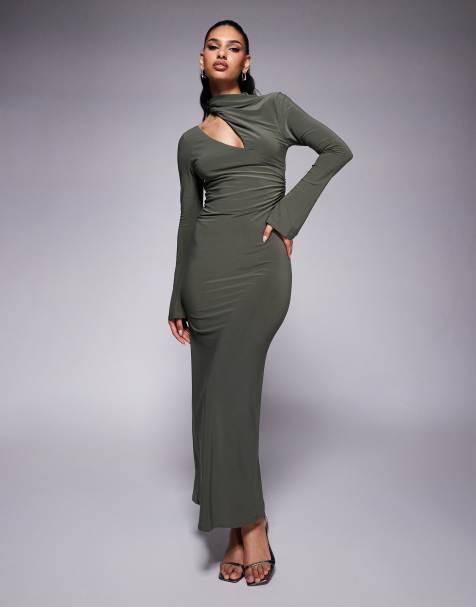 ASOS DESIGN - Robe longue à manches longues et épaule découpée avec corsage froncé - Vert - view 1