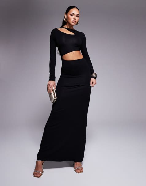 ASOS DESIGN - Robe longue à manches longues et épaule torsadée avec découpe à la taille - Noir - view 1