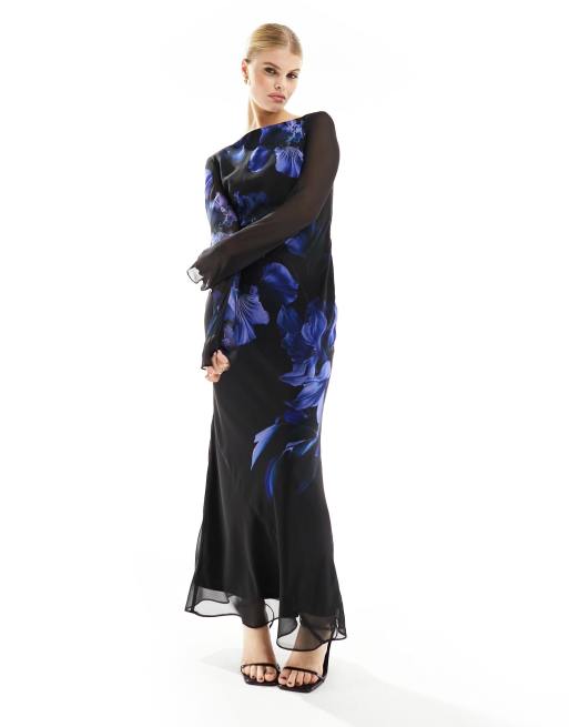 ASOS DESIGN Robe longue a manches longues et fleurs bleues Noir