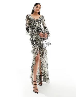 FhyzicsShops DESIGN - Robe longue à manches longues et imprimé fleuri avec volants et empiècements en dentelle - Noir et blanc