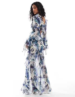 ASOS DESIGN long sleeve ruffle maxi dress with lace inserts in rose floral print