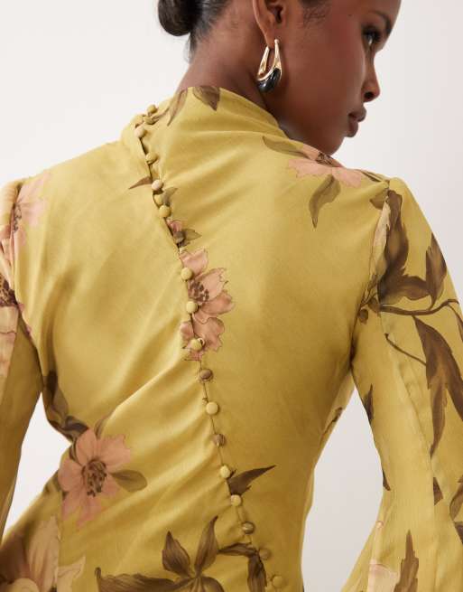 ASOS DESIGN - Robe longue à manches longues évasées et col montant avec volants à godets - Vert à fleurs, 3 de 4