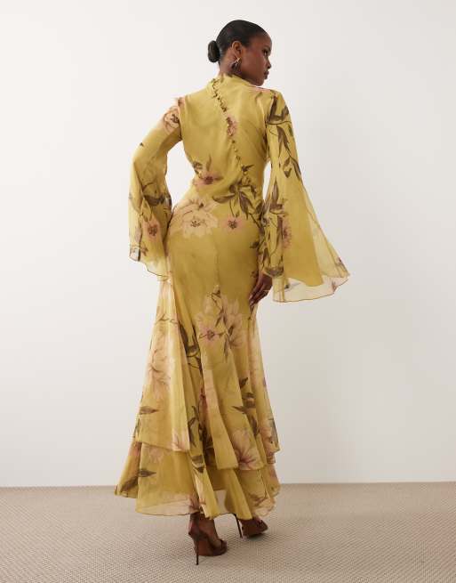 ASOS DESIGN - Robe longue à manches longues évasées et col montant avec volants à godets - Vert à fleurs, 4 de 4