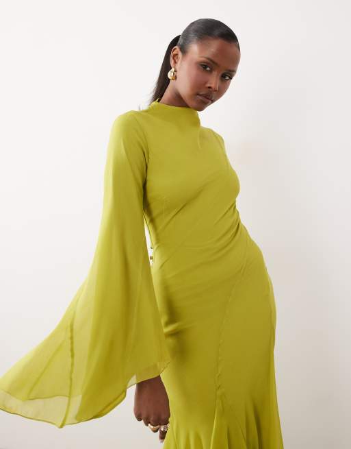 ASOS DESIGN - Robe longue à manches longues évasées et col montant avec volants à godets - Vert olive, 2 de 4