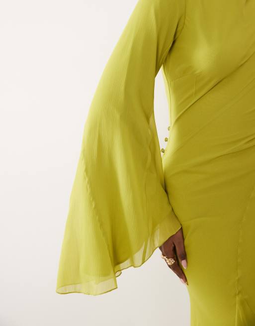 ASOS DESIGN - Robe longue à manches longues évasées et col montant avec volants à godets - Vert olive, 3 de 4