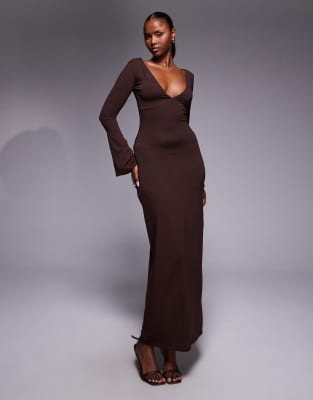 Robe longue à manches longues évasées et épaules dénudées - Chocolat-Brown 40