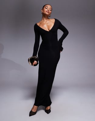Robe longue à manches longues évasées et épaules dénudées - Noir 34