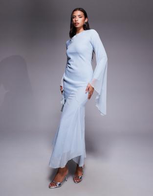 Robe longue à manches ultra volantées et jupe à godets - Bleu clair 36