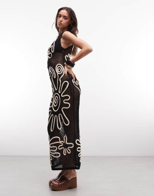 ASOS DESIGN - Robe longue à motif cornelli ajouré avec superposition blanche - Noir, 3 de 5