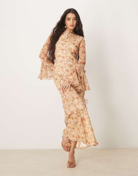 ASOS DESIGN - Robe longue à motif fleuri vintage avec volants sur les coutures - Marron - view 1