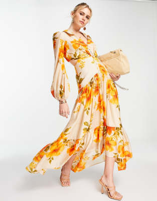 Robe longue à volants motif floral jaune