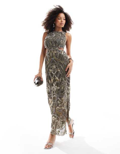 ASOS DESIGN - Robe longue à ornement Art nouveau et découpes latérales - Anthracite - view 1