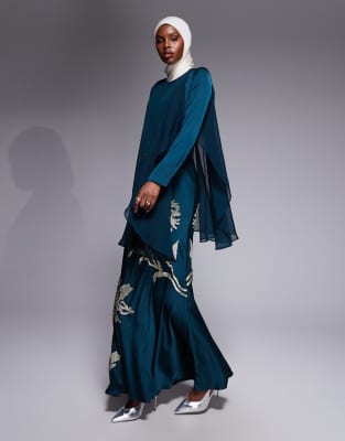 Robe longue à ornements avec cape superposée - Bleu sarcelle foncé-Vert 38