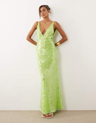 ASOS DESIGN - Robe longue à ourlet sirène et décolleté plongeant avec sequins irisés - Vert